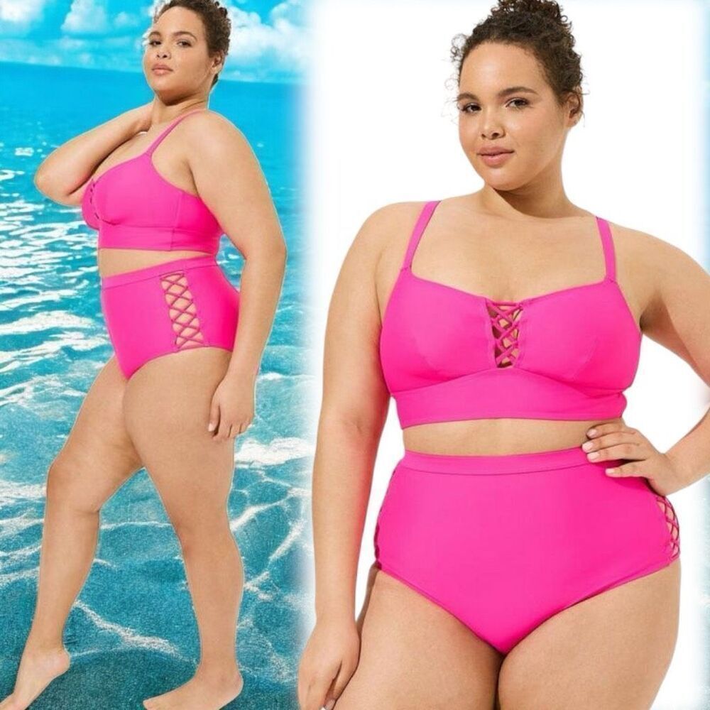 Torrid Pink Bikini Set: Wireless Strappy Lace Up Top & High Rise Bottoms 1 NWOT - Picture 2 of 16